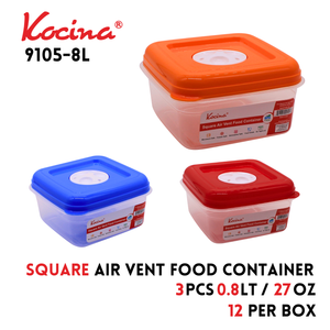 .8Lt Square Air Vent Food Container (27oz) - Asstd Colors