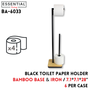 Toilet Paper Holder w/ bamboo base,iron,black,7.1"x7.1"x28"