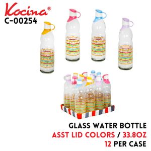 Glass Water Bottle Asst Lid Colors 33.8oz