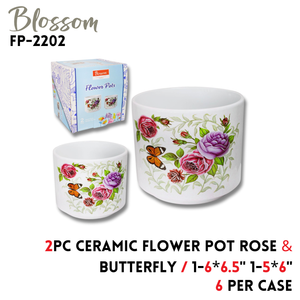 Ceramic Flower Pot Roses & Butterfly 2pc 1-6x6.5" 1-5x6"