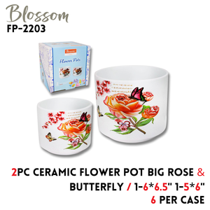Ceramic Flower Pot Big Rose & Butterfly 2PC 1-6x6.5" 1-5x6"
