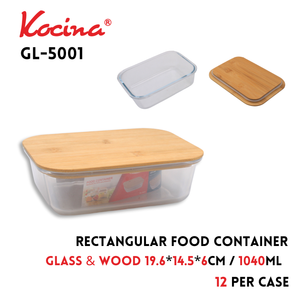 Rectangular Food Container,19.6x14.5x6cm,1040ml, Glass+Wood,