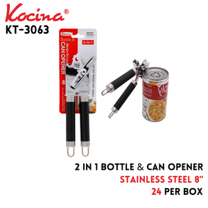 S/S 2in1 Bottle & Can Opener 8" Slim Blk Handle