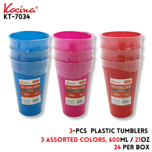 3pcs Plastic Tumblers 3 Assorted Colors 600ml/21oz,PP