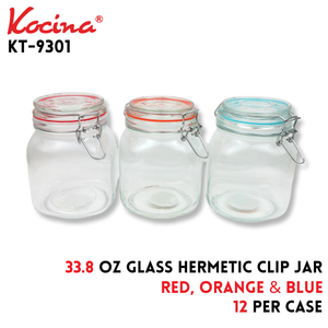 33.8 OZ Glass Hermetic Clip Jar,red,orange,blue3 colors