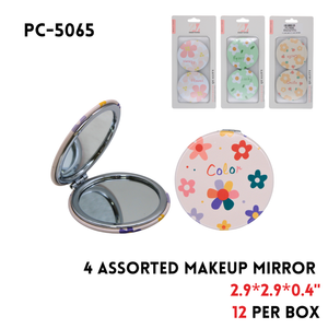 Makeup Mirror, 2.9"x2.9"x0.4", ABS+alloy+Glass, 4 Clrs Asstd
