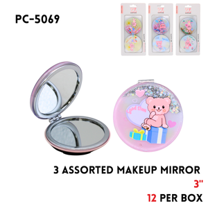Makeup Mirror, 3", ABS+Alloy+Glass, 3 Clrs Asstd