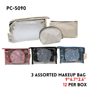 Makeup Bag, 9"x6.7"x2.6", PU, 3 Clrs Assstd