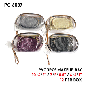 3PCS Makeup bag 10"x6"x3",7"x5"x0.8",6"x4"x1" PVC+poly 4 col
