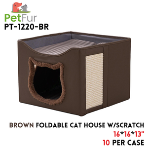 Brown Foldable Cat House w/ Scratch Pad,16x16x13, colth