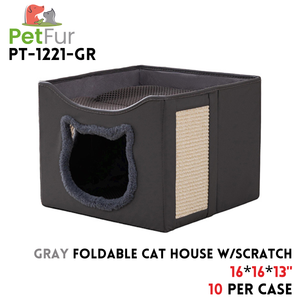 Gray Foldable Cat House w/ Scratch Pad,16x16x13, colth