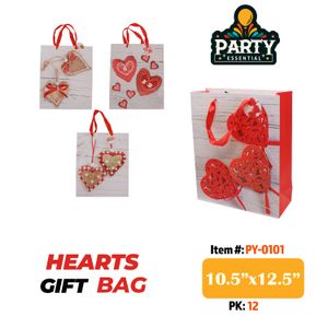10.5"x12.5"X 3" 3D  HEARTS Gift Bag W/ Glitter