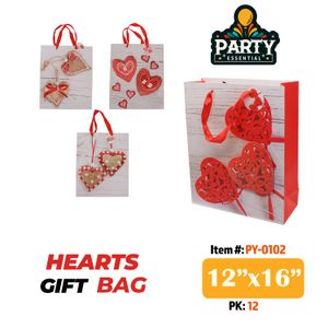 12"x16"X 4.5" 3D  Hearts Gift Bag W/ Glitter