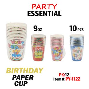 10pcs 9oz Paper Cup, Happy Birthday 4 colors Asstd