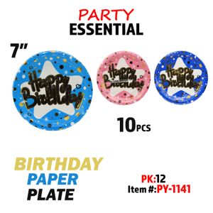 10pcs 7" Paper Plate, Happy Birthday 3 colors Asstd