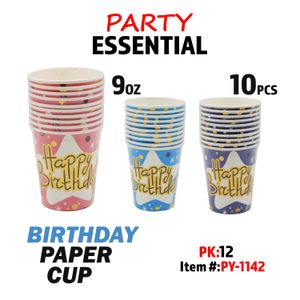 10pcs 9oz  Paper Cup,Happy Birthday  3 colors Asstd