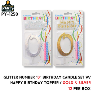 Glitter Number "0" Birthday Candle Set W/Happy Birthday Topper/Gold & Silver