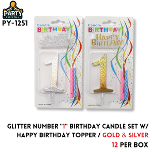 Glitter Number "1" Birthday Candle Set W/Happy Birthday Topper/Gold & Silver