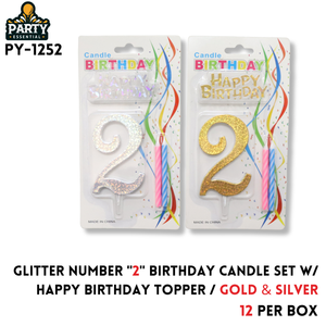 Glitter Number "2" Birthday Candle Set W/Happy Birthday Topper/Gold & Silver