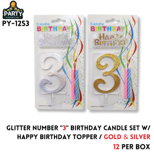 Glitter Number "3" Birthday Candle Set W/Happy Birthday Topper/Gold & Silver