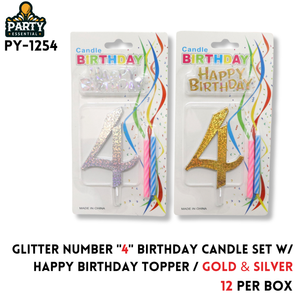 Glitter Number "4" Birthday Candle Set W/Happy Birthday Topper/Gold & Silver