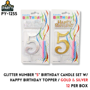 Glitter Number "5" Birthday Candle Set W/Happy Birthday Topper/Gold & Silver