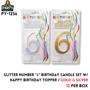 Glitter Number "6" Birthday Candle Set W/Happy Birthday Topper/Gold & Silver