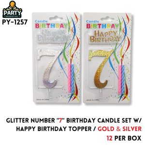 Glitter Number "7" Birthday Candle Set W/Happy Birthday Topper/Gold & Silver