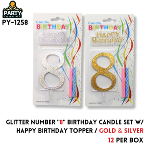 Glitter Number "8" Birthday Candle Set W/Happy Birthday Topper/Gold & Silver