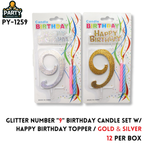 Glitter Number "9" Birthday Candle Set W/Happy Birthday Topper/Gold & Silver