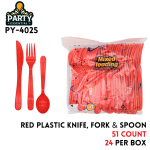 51pcs Plastic Knife Fork & Spoon, Red
